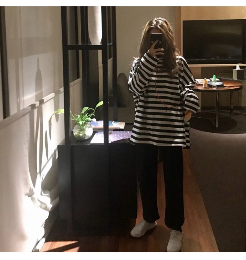 spring Autumn Women harajuku Striped Tshirt Long Sleeve O-Neck T-Shirts ulzzang Korean Casual oversized T Shirt Femme black Tops