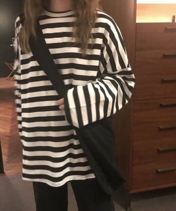 Black and White Striped O Neck Loose Shirt