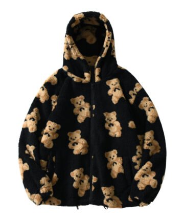 Bear Print Lambswool Hooded Jacket