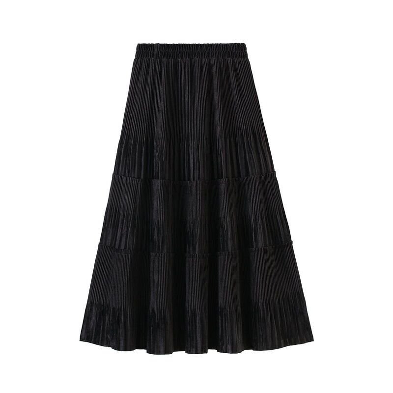 Plain Velvet Panel Pleated Midi Skirt