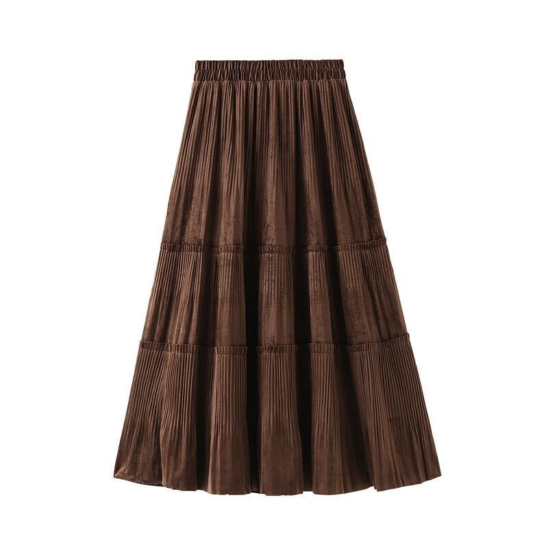 Plain Velvet Panel Pleated Midi Skirt