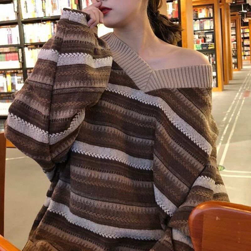 V Neck Stripe Pullover Sweater