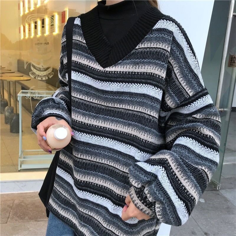 V Neck Stripe Pullover Sweater