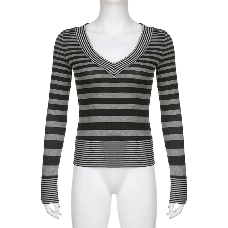 Y2k Striped V Neck Full Sleeve Shirt Y2k Striped V Neck Full Sleeve Shirt