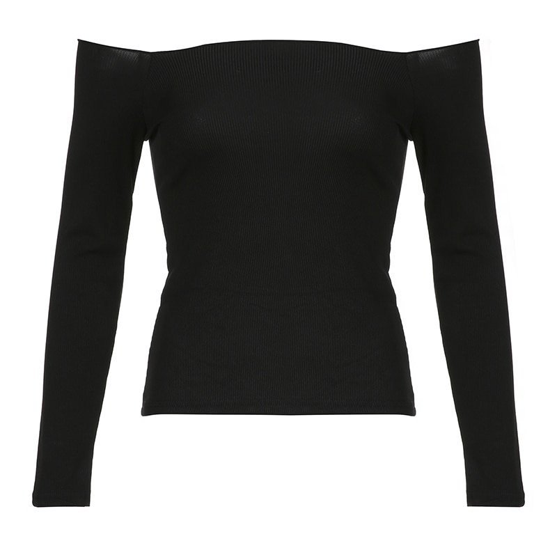 Black Slash Neck Long Sleeve Tops Black Slash Neck Long Sleeve Tops