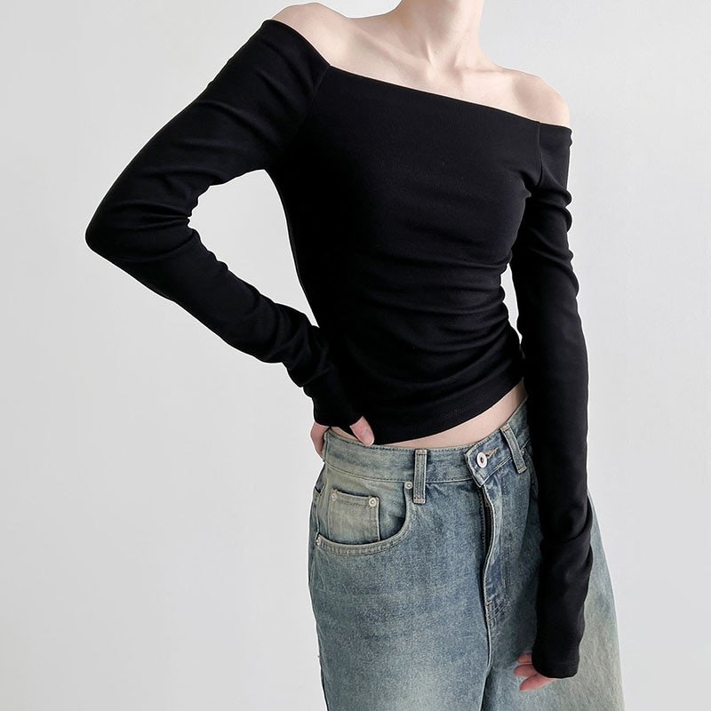 Black Slash Neck Long Sleeve Tops Black Slash Neck Long Sleeve Tops