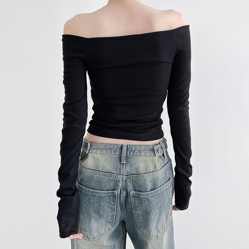 Black Slash Neck Long Sleeve Tops Black Slash Neck Long Sleeve Tops