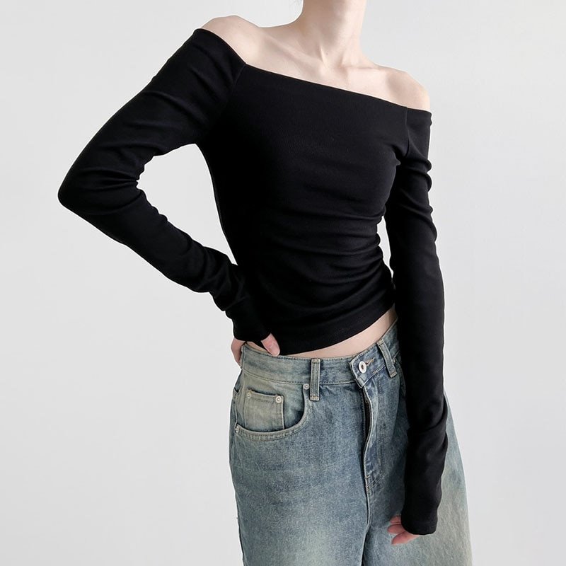 Black Slash Neck Long Sleeve Tops Black Slash Neck Long Sleeve Tops