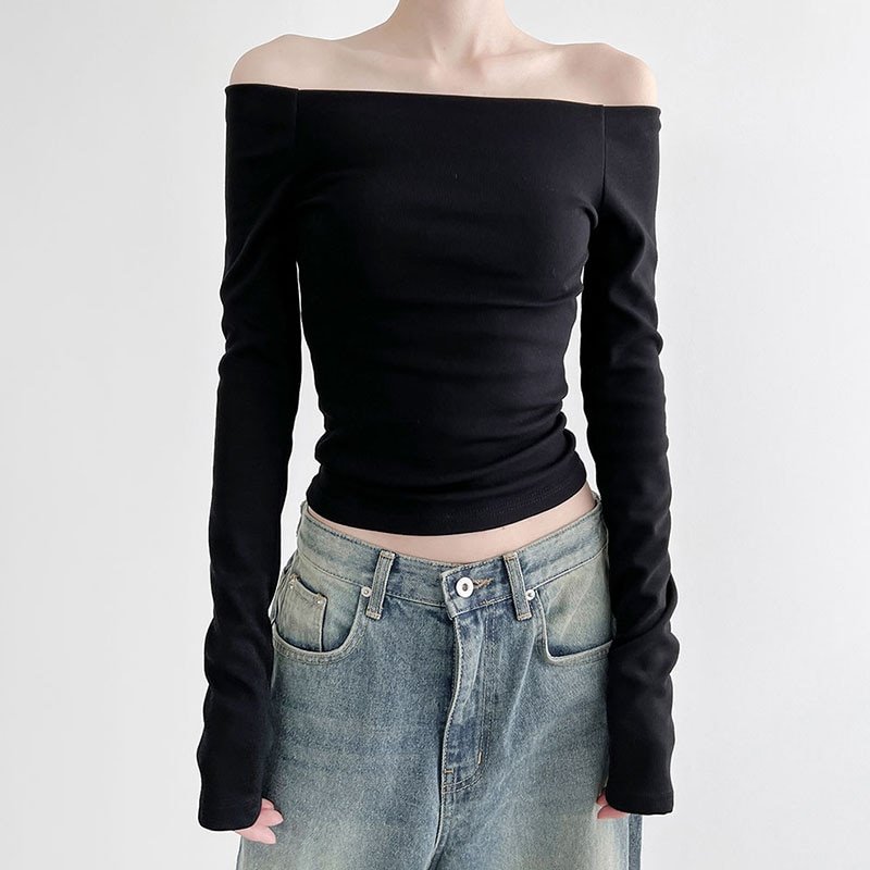 Black Slash Neck Long Sleeve Tops Black Slash Neck Long Sleeve Tops