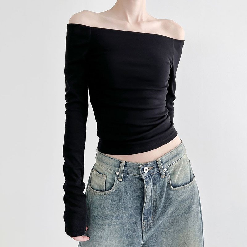 Black Slash Neck Long Sleeve Tops Black Slash Neck Long Sleeve Tops