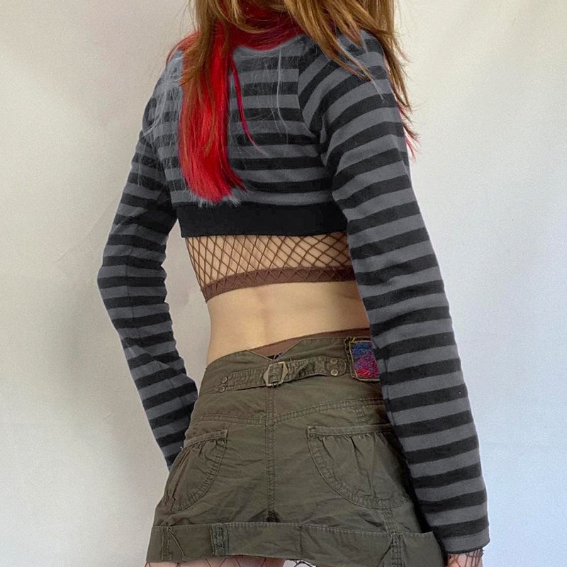 Striped Crop Top Button Knitted Full Sleeve Striped Crop Top Button Knitted Full Sleeve