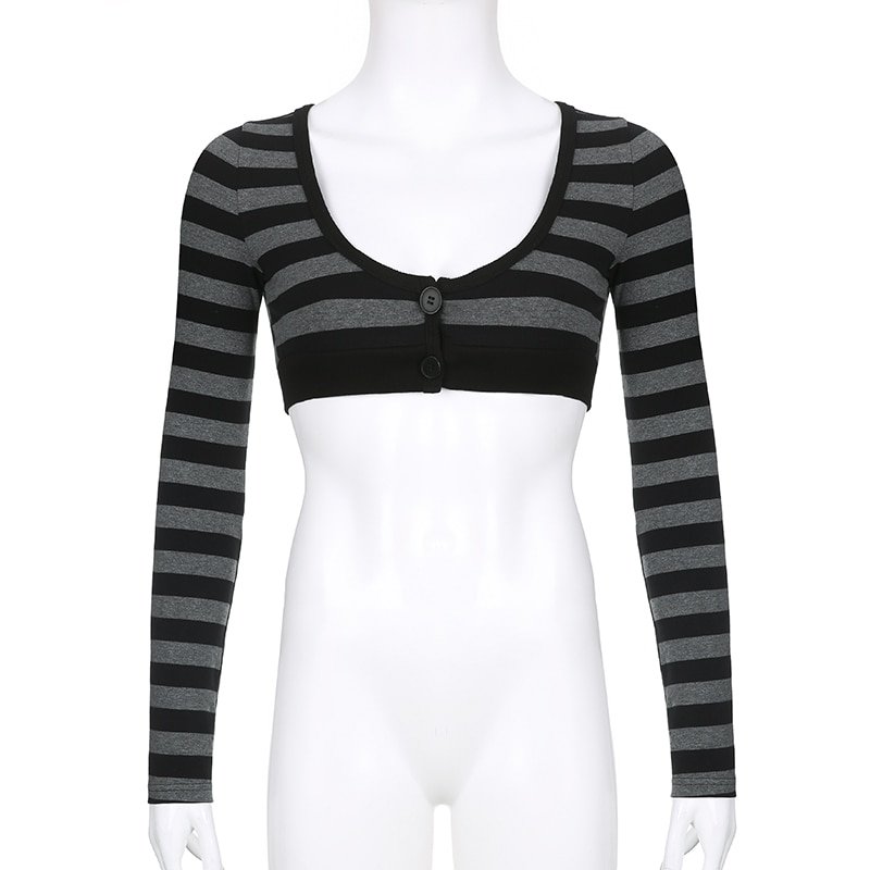 Striped Crop Top Button Knitted Full Sleeve Striped Crop Top Button Knitted Full Sleeve