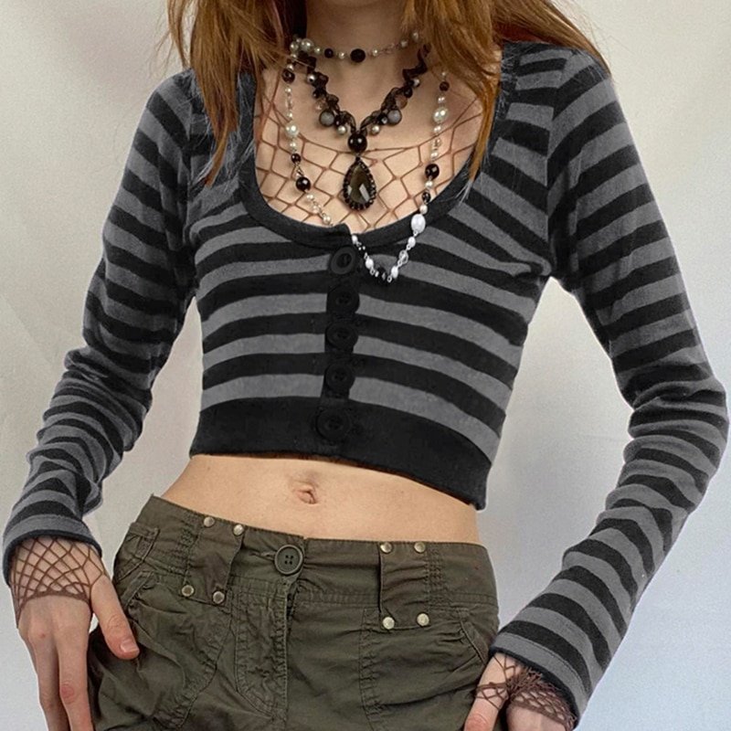 Striped Crop Top Button Knitted Full Sleeve Striped Crop Top Button Knitted Full Sleeve