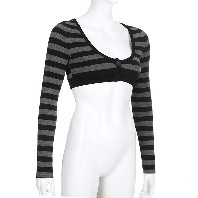 Striped Crop Top Button Knitted Full Sleeve Striped Crop Top Button Knitted Full Sleeve