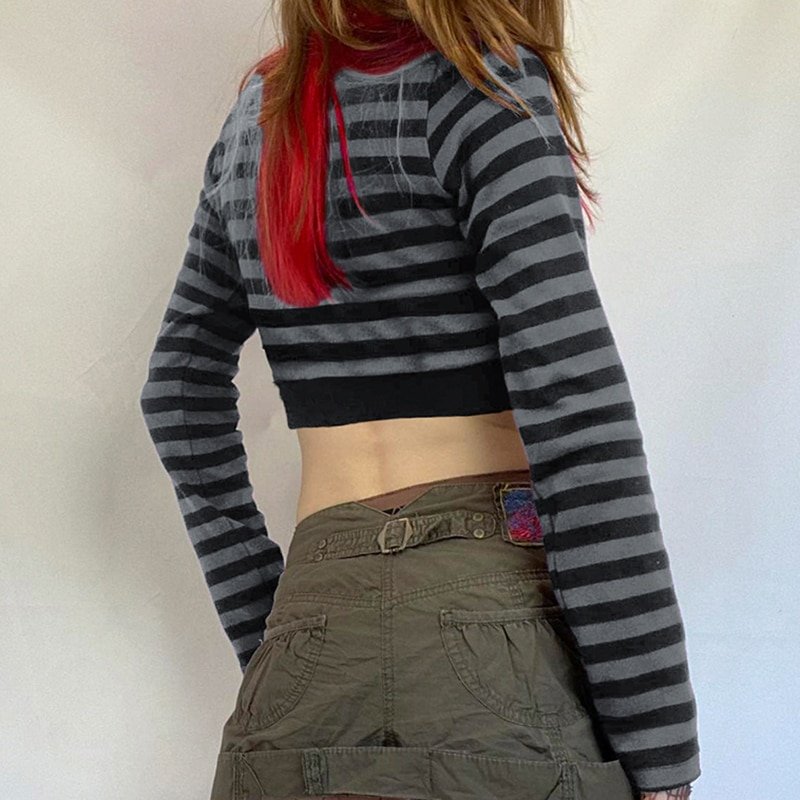 Striped Crop Top Button Knitted Full Sleeve Striped Crop Top Button Knitted Full Sleeve