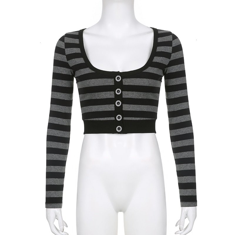 Striped Crop Top Button Knitted Full Sleeve Striped Crop Top Button Knitted Full Sleeve