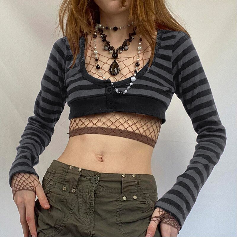 Striped Crop Top Button Knitted Full Sleeve Striped Crop Top Button Knitted Full Sleeve