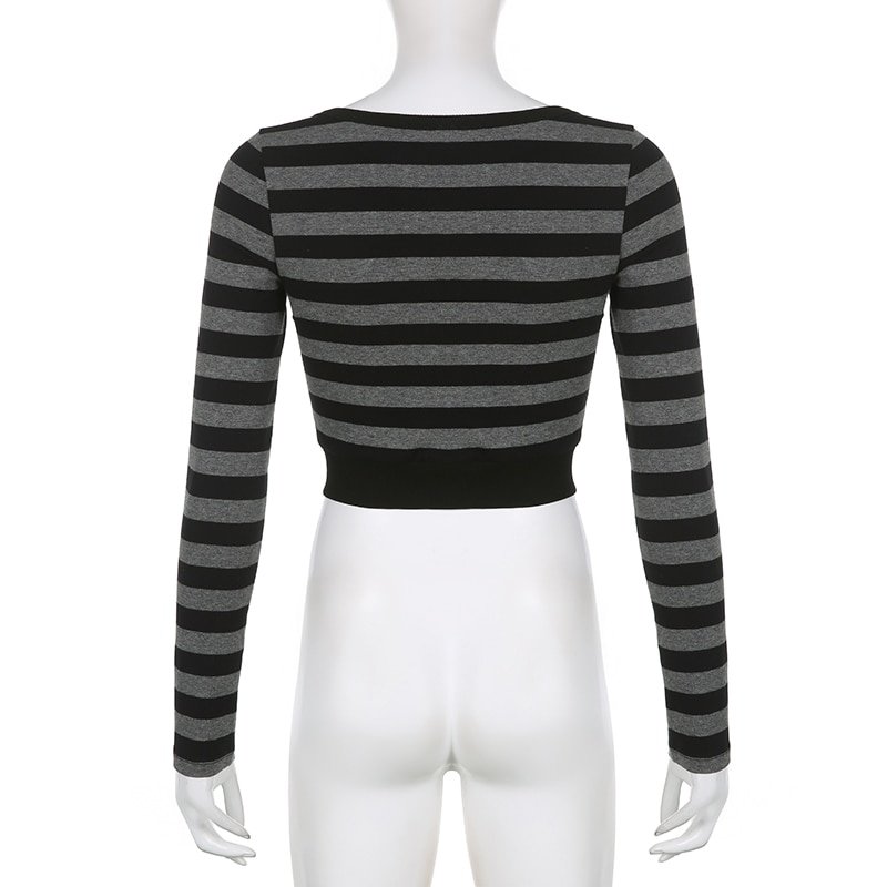 Striped Crop Top Button Knitted Full Sleeve Striped Crop Top Button Knitted Full Sleeve