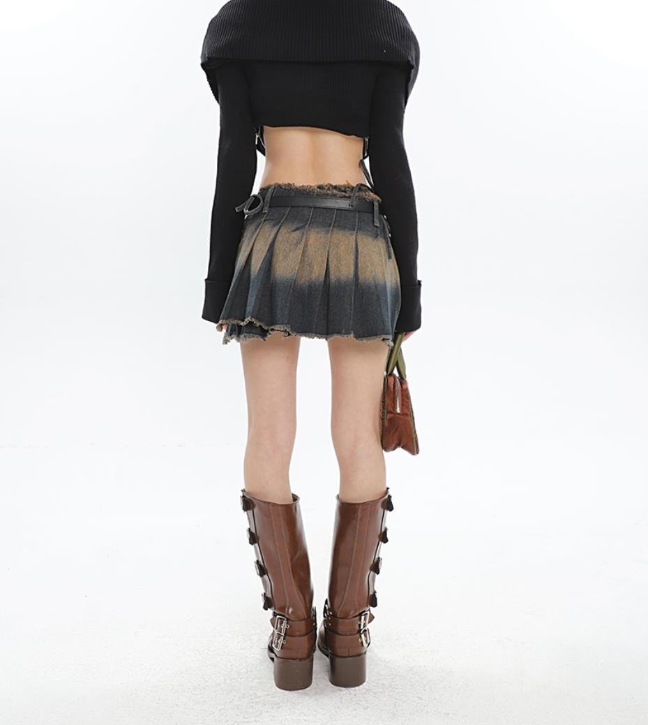 Denim Distressed Irregular Pleated Mini Skirts