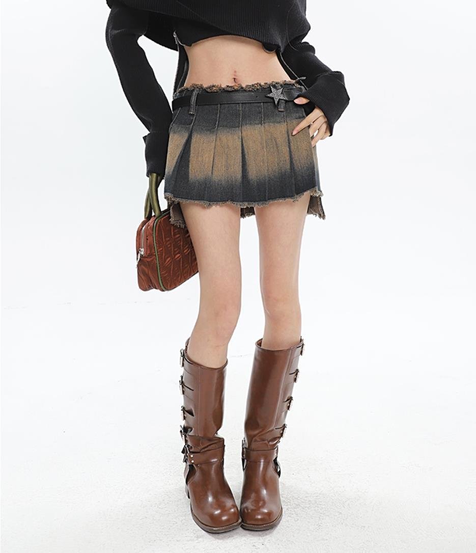 Denim Distressed Irregular Pleated Mini Skirts