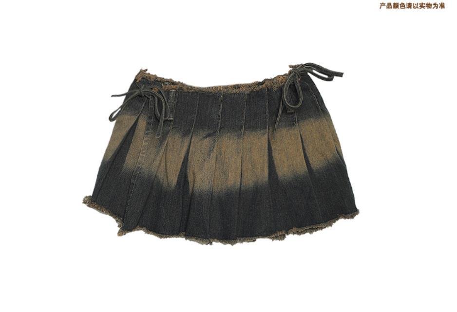 Denim Distressed Irregular Pleated Mini Skirts