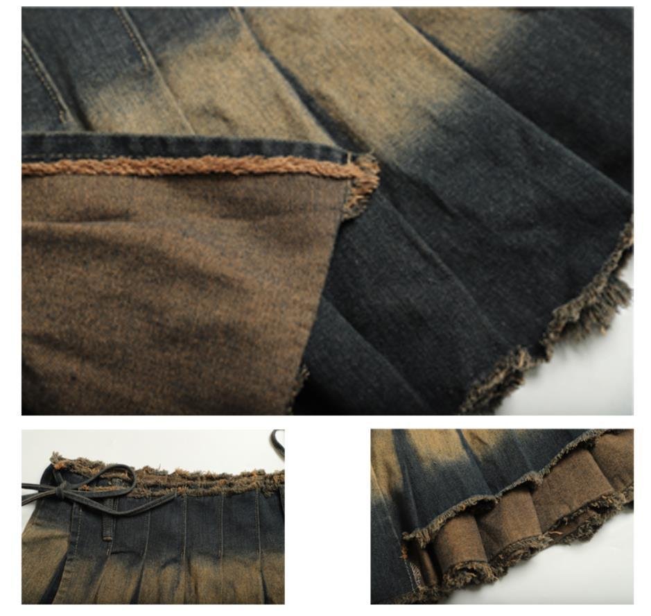 Denim Distressed Irregular Pleated Mini Skirts