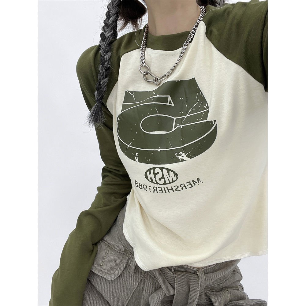 Vintage Green Raglan Long Sleeve Crop Top