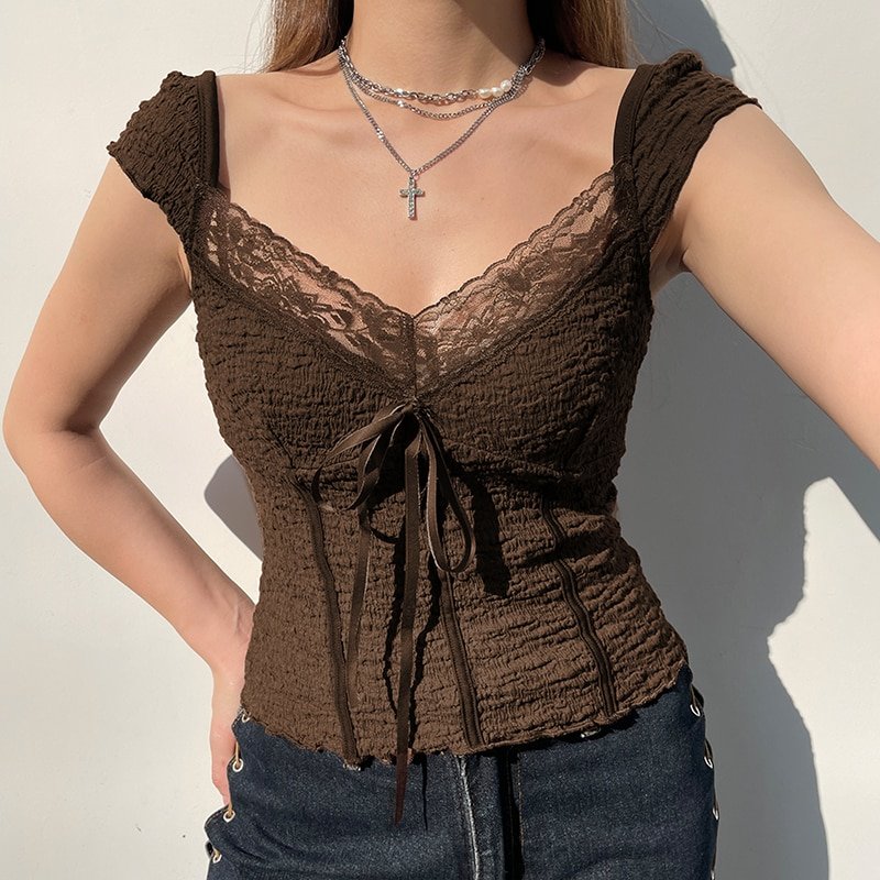 Lace-up Lace Patchwork Brown Top