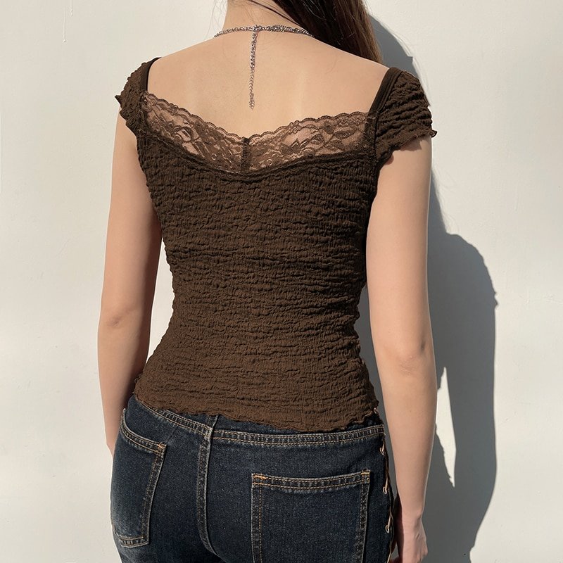 Lace-up Lace Patchwork Brown Top