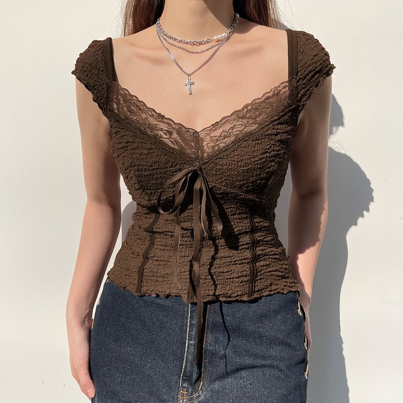 Lace-up Lace Patchwork Brown Top