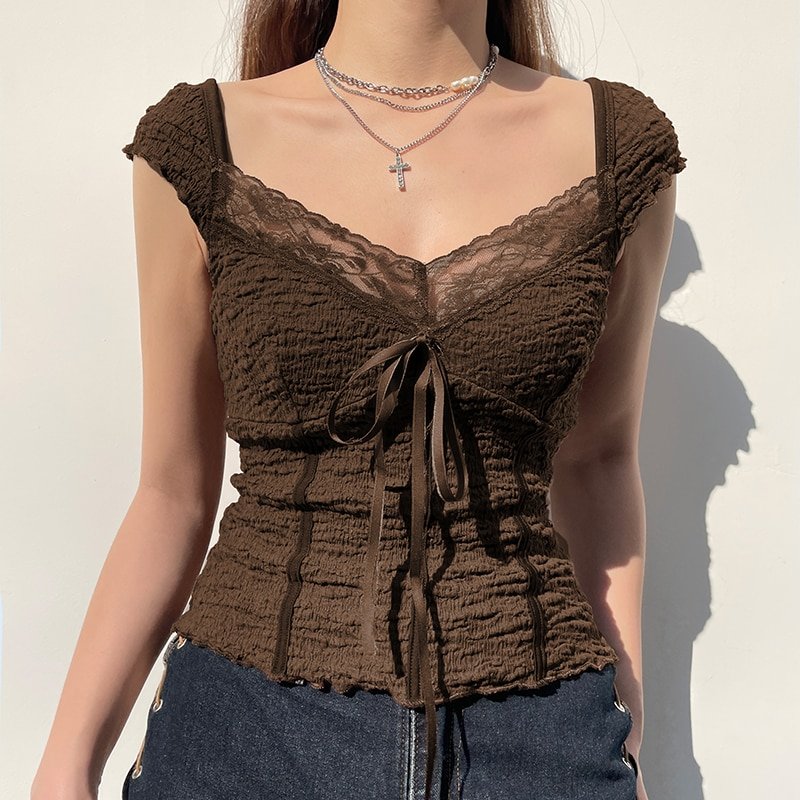 Lace-up Lace Patchwork Brown Top