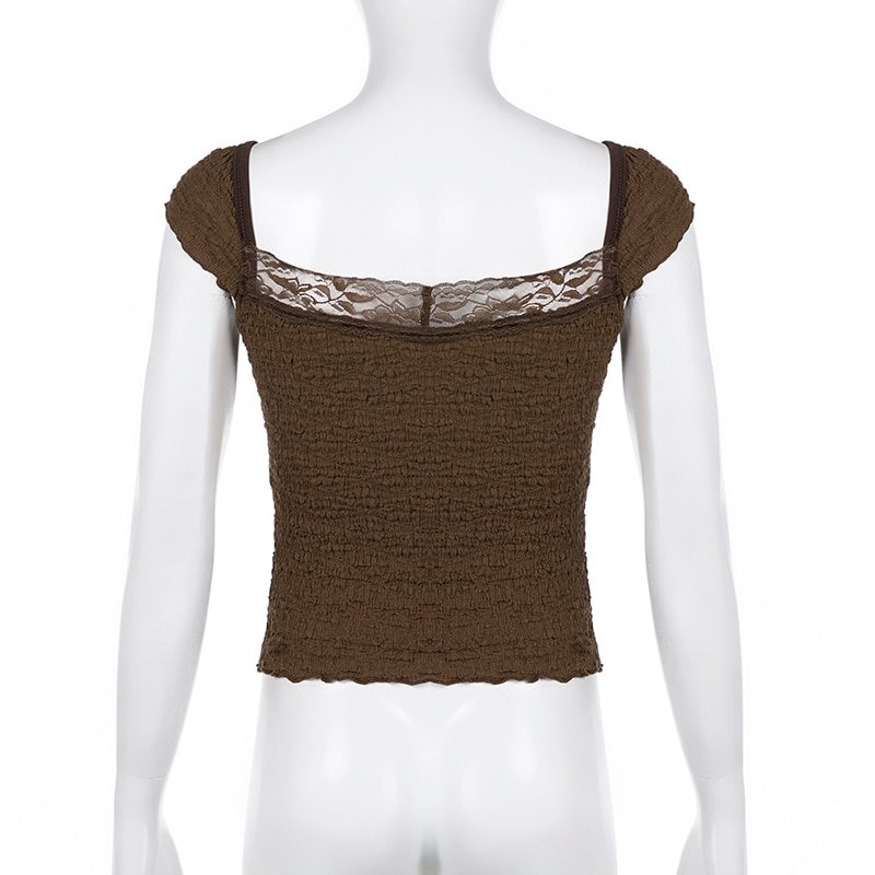 Lace-up Lace Patchwork Brown Top