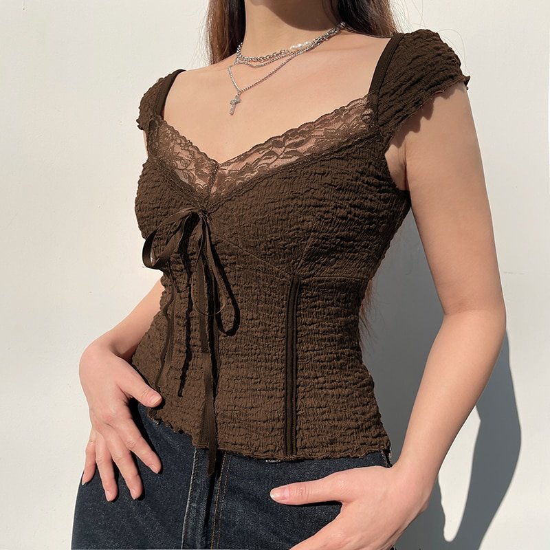 Lace-up Lace Patchwork Brown Top