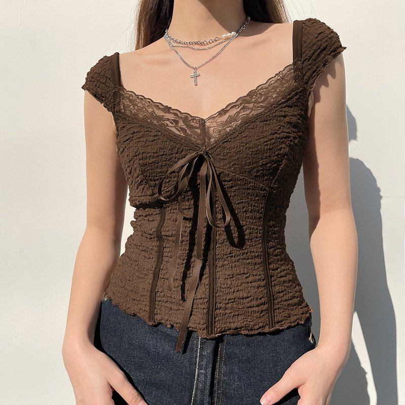 Lace-up Lace Patchwork Brown Top