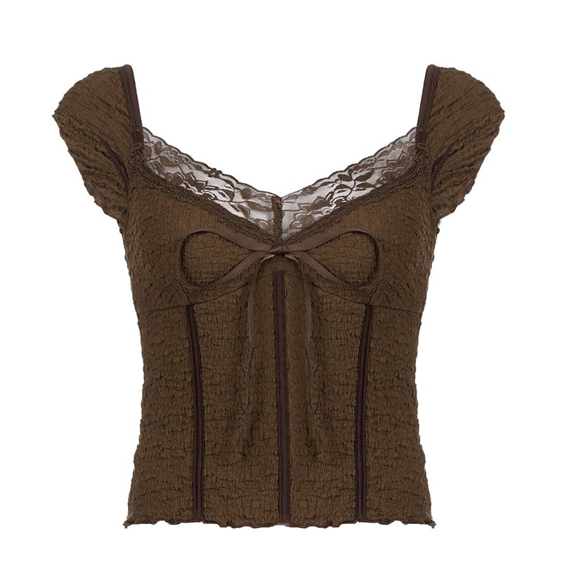 Lace-up Lace Patchwork Brown Top