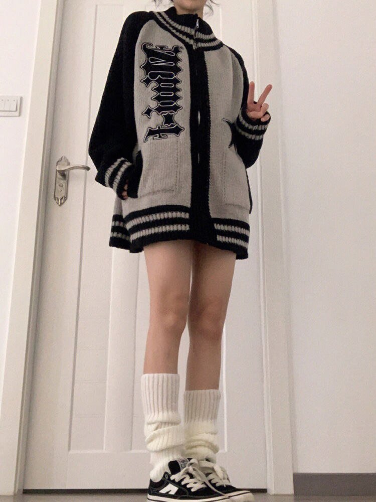 Grey Striped Patchwork Oversize Cardigan Grey Striped Patchwork Oversize Cardigan