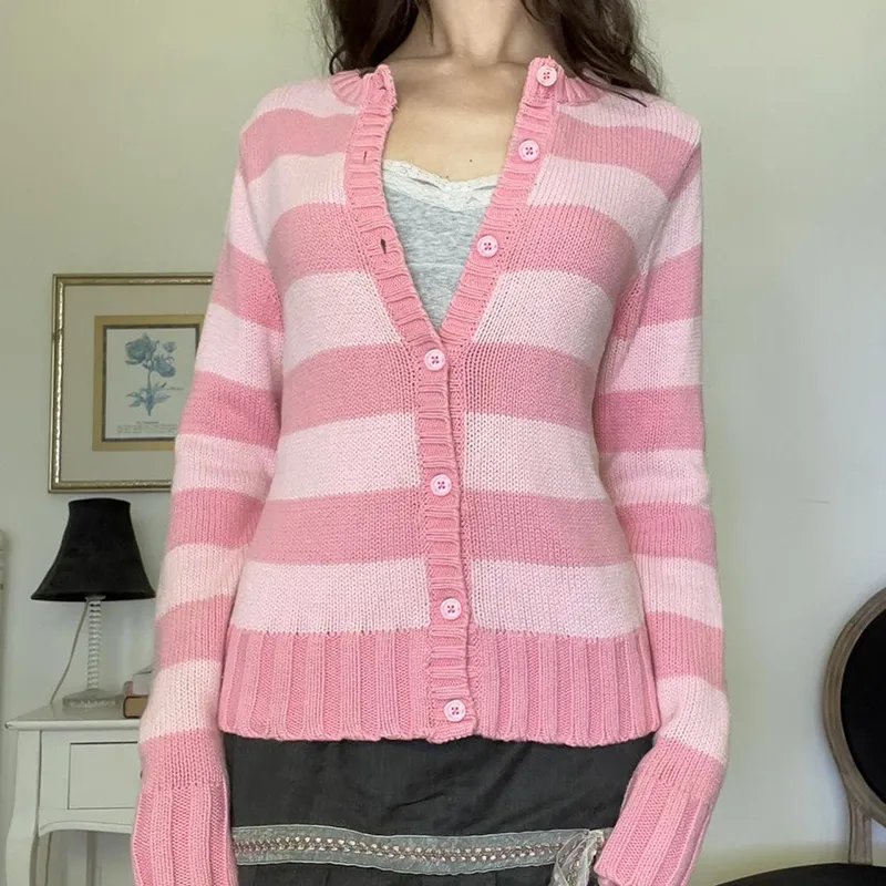 Pink Striped Button Down Long Sleeve Cardigan