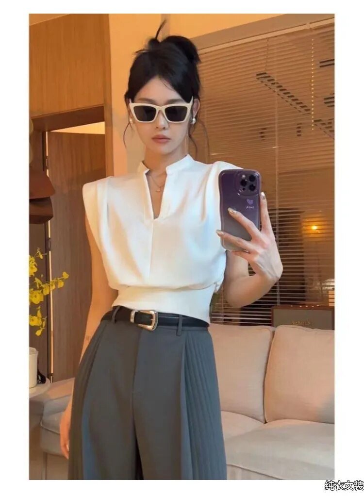 Deeptown Women Blouses V-neck Korean Style Elegant Chic White Sleeveless Shirts Black Crop Tops Office Style Old Money Aesthetic