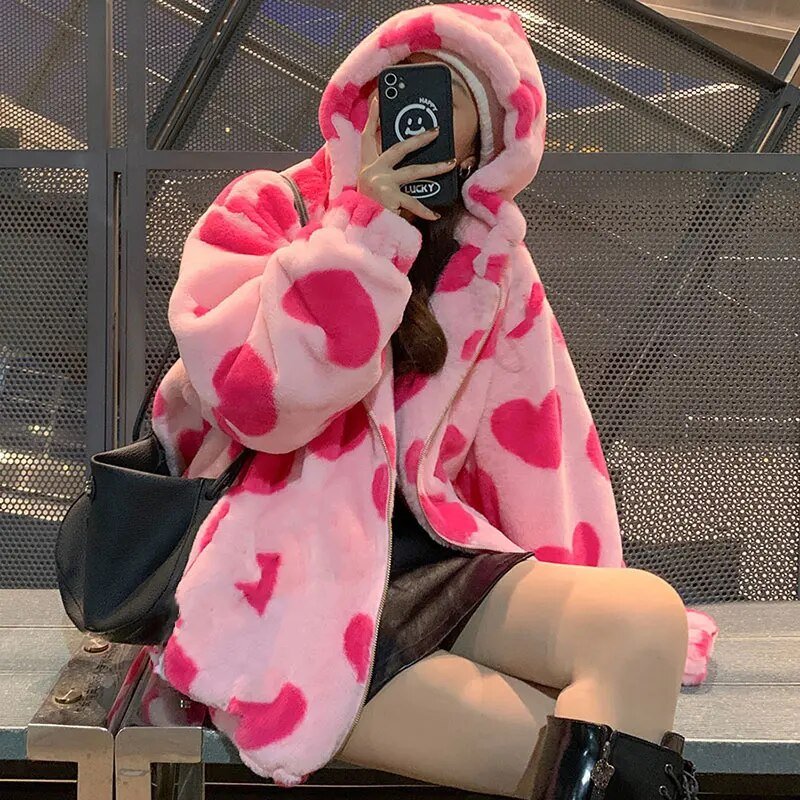 Heart-shaped Print Plush Jacket