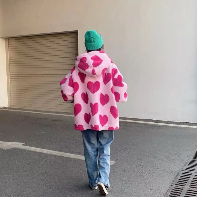 Heart-shaped Print Plush Jacket