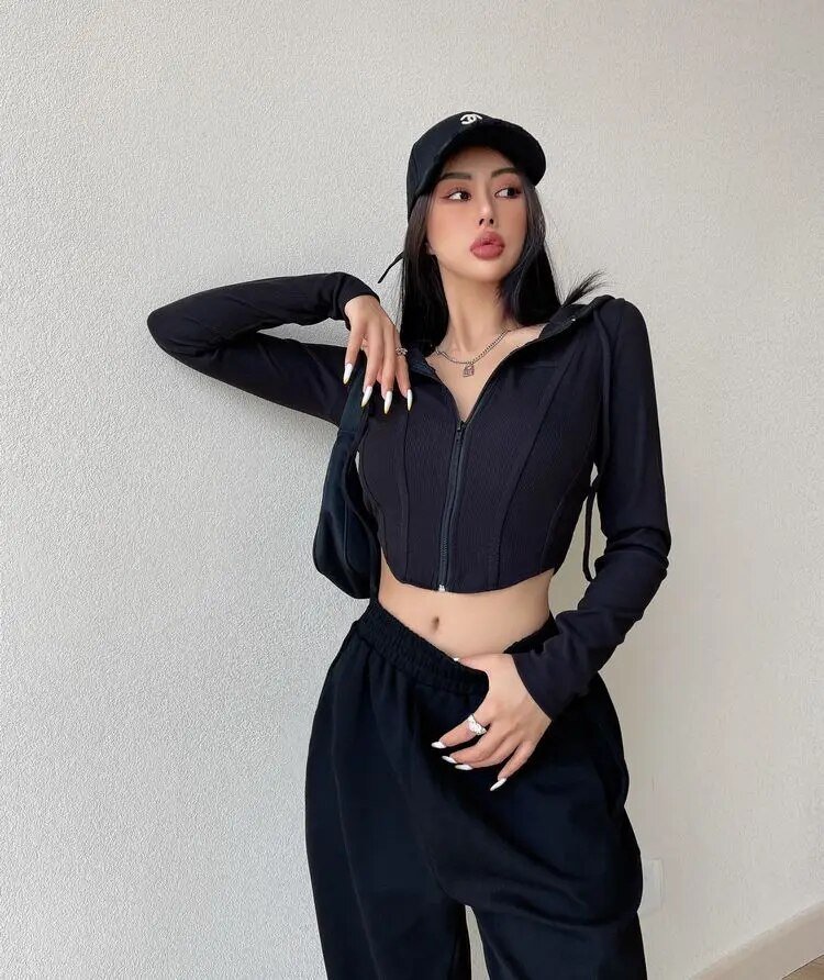 Hooded Long Sleeve Crop Tops