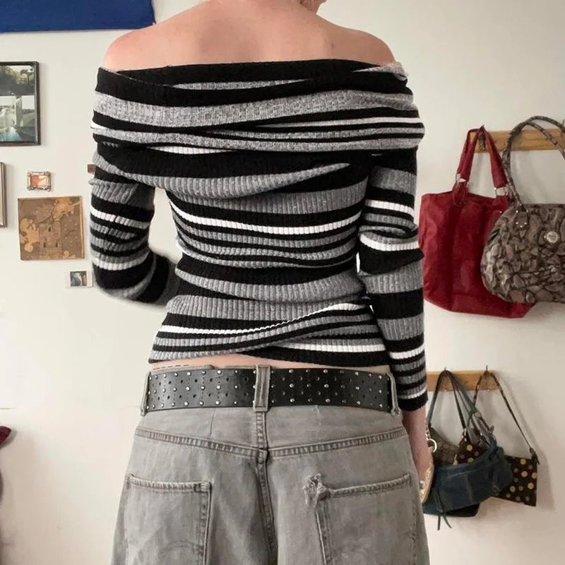 Striped Sweater Off Shoulder Knitted Sweater Striped Sweater Off Shoulder Knitted Sweater