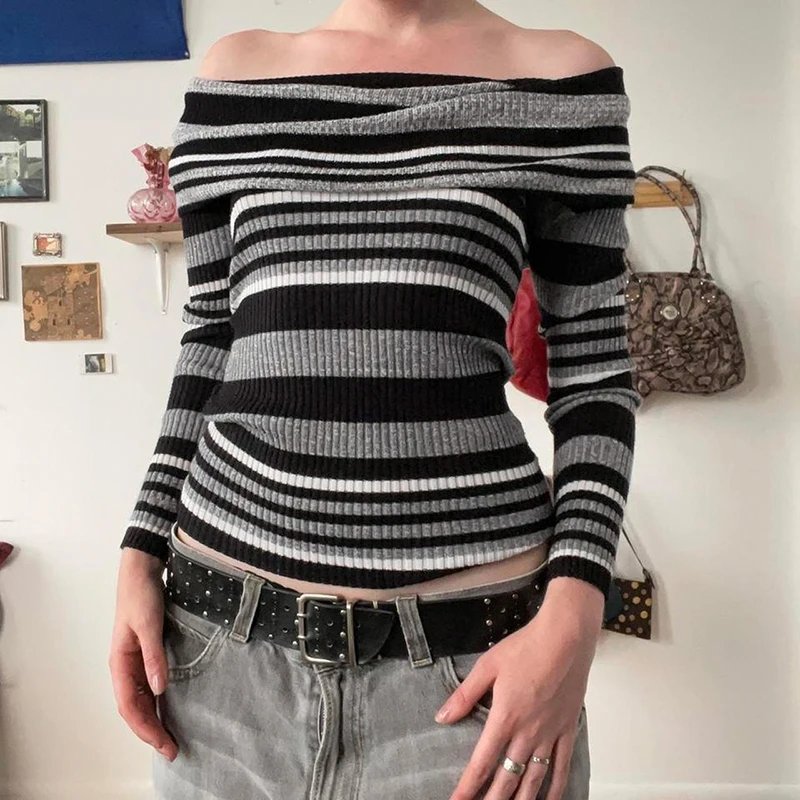 Striped Sweater Off Shoulder Knitted Sweater Striped Sweater Off Shoulder Knitted Sweater