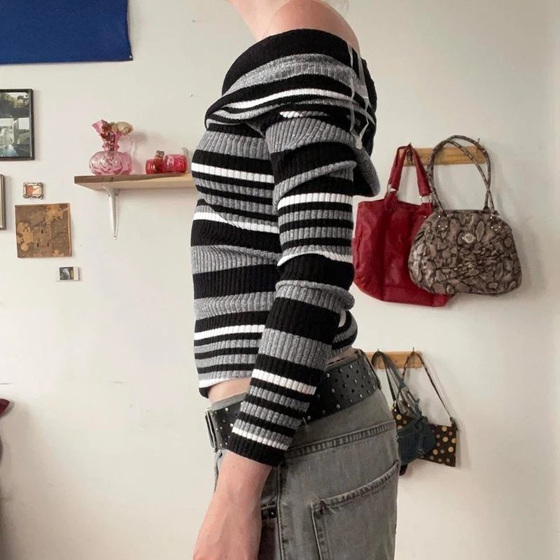 Striped Sweater Off Shoulder Knitted Sweater Striped Sweater Off Shoulder Knitted Sweater