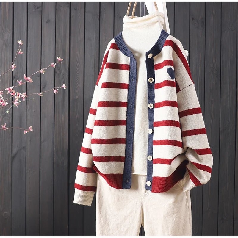 Stripes Heart Knitted Cardigan