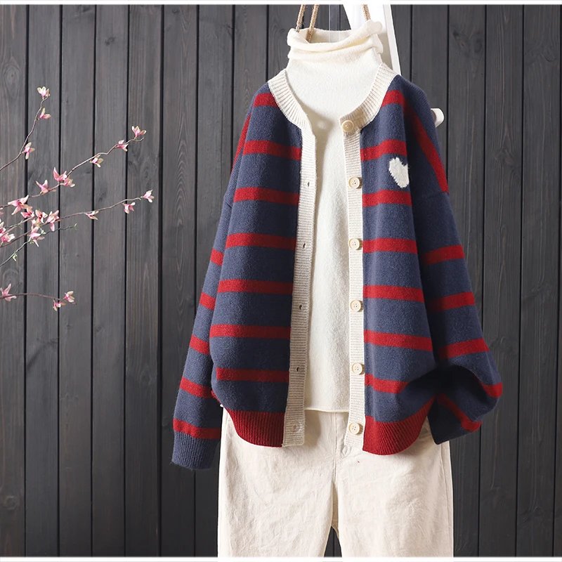 Stripes Heart Knitted Cardigan