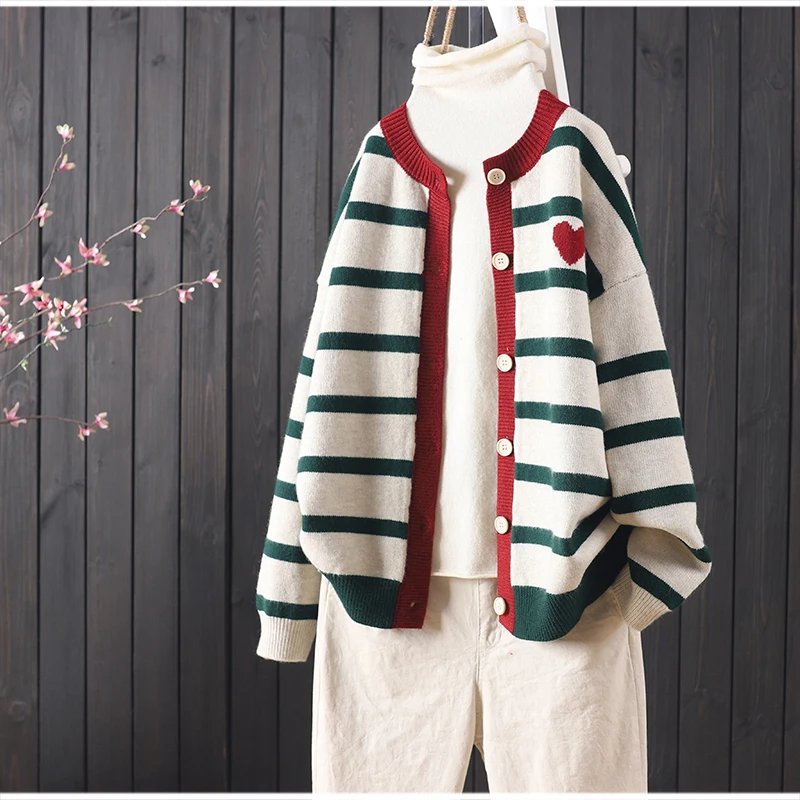 Stripes Heart Knitted Cardigan