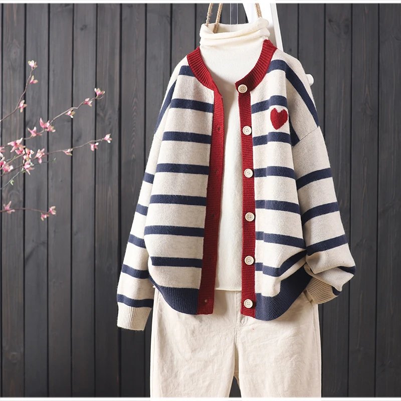 Stripes Heart Knitted Cardigan