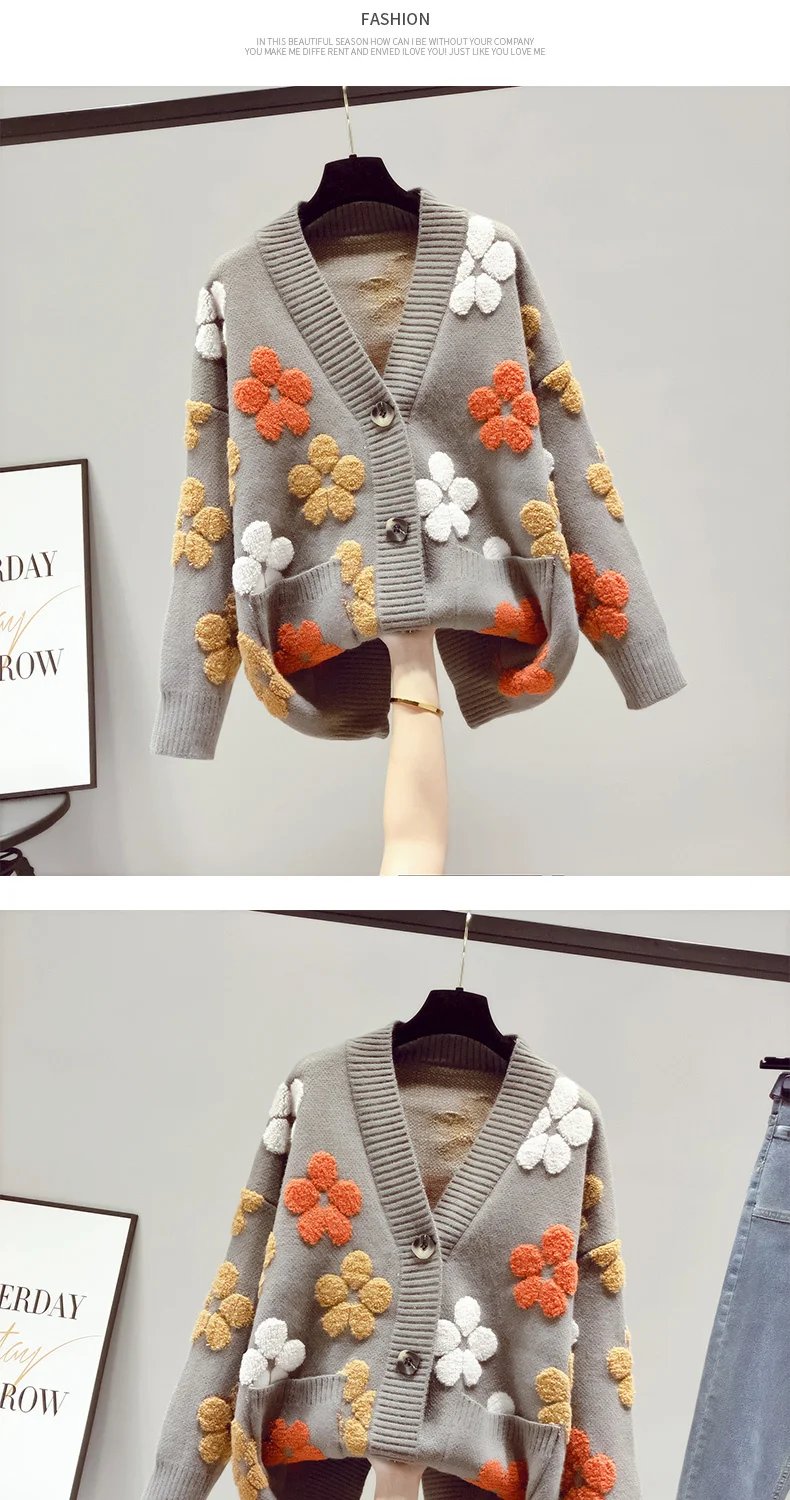 Floral Knitted V-neck Sweater Cardigan