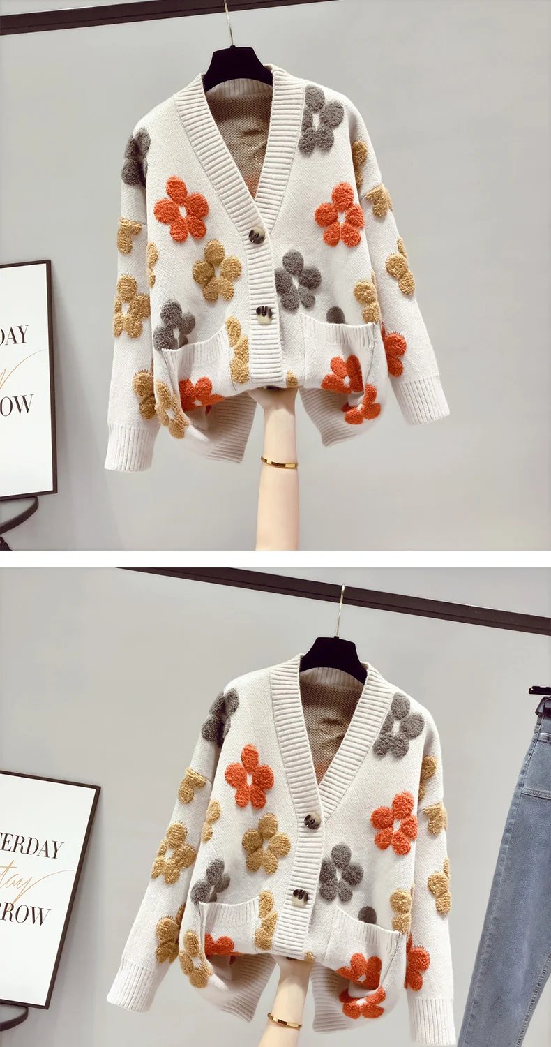 Floral Knitted V-neck Sweater Cardigan